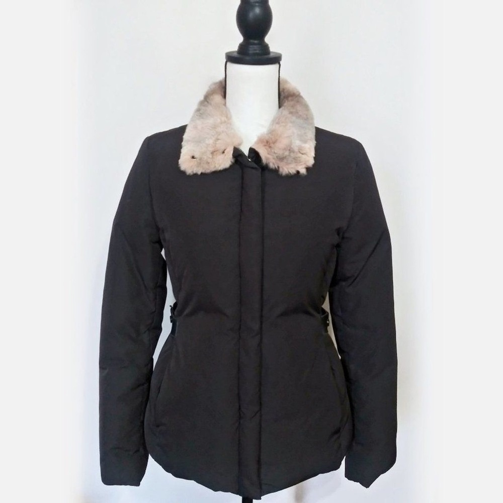 Funnel Neck Goose Down Puffer Coat Faux Fur Trim